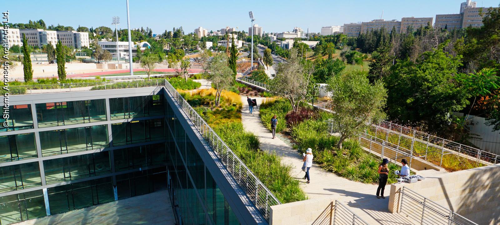 People strolling across a roof garden